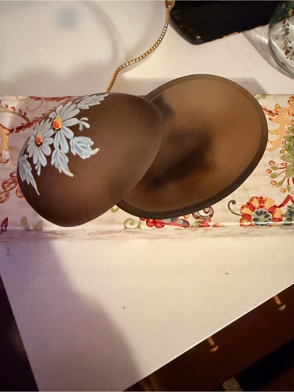 Brown Hand-Painted Floral Egg Trinket Box